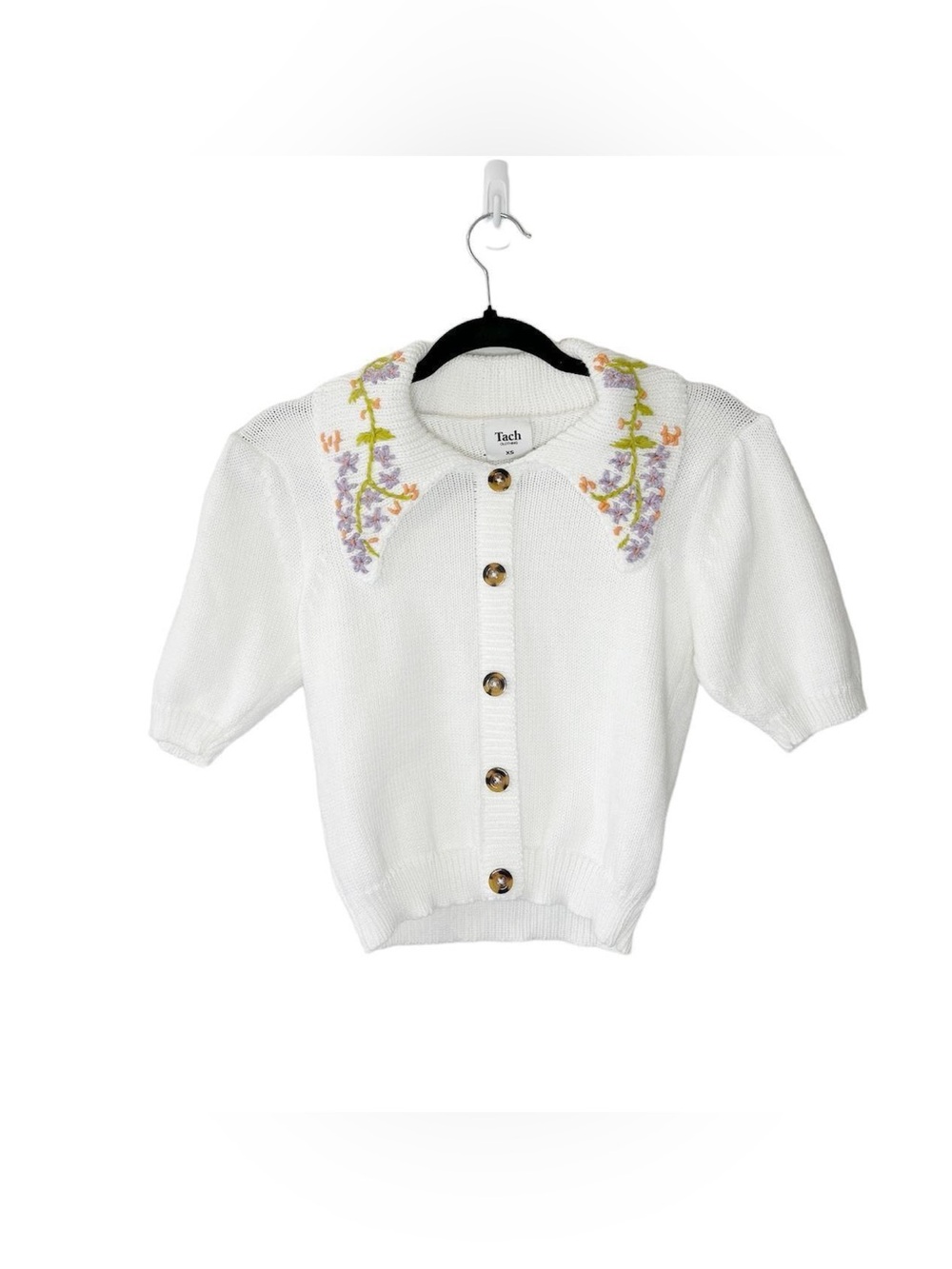 Tach Kalinka Floral Embroidered Knit Polo Collar Cardigan Top Boho Cottage XS